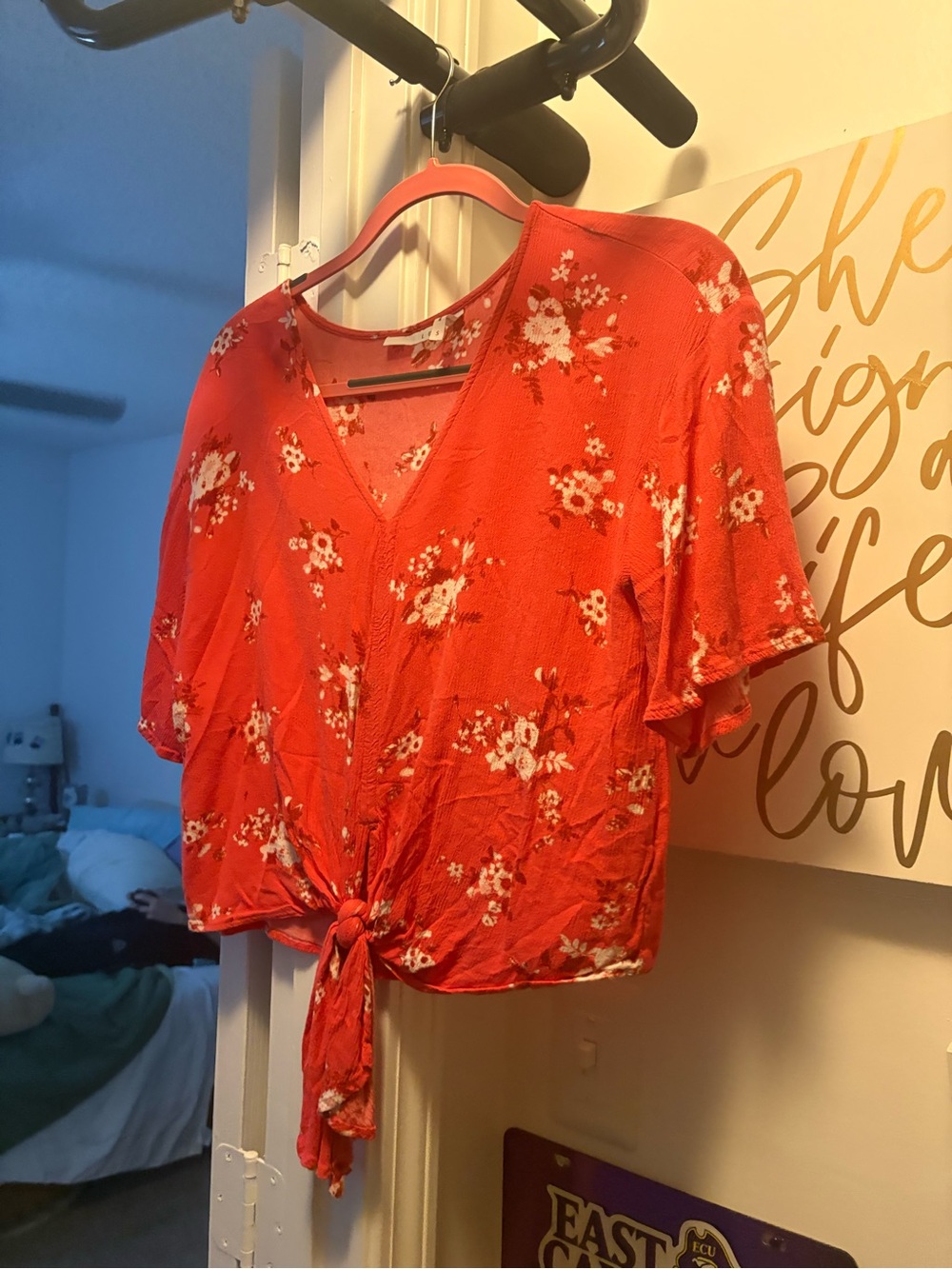 Source Unknown Red Floral Tie-Front Crop Top